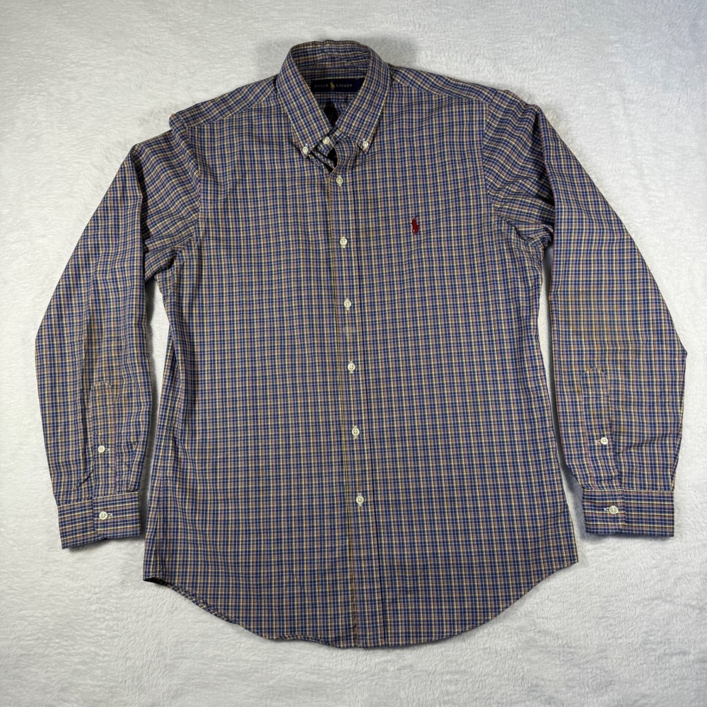Ralph Lauren Button Down Shirt Mens M Blue Plaid Cotton Long Sleeve Pony Logo